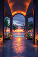 Wall Mural - Pathway decorated with lights at sunset in the coconut grove by the sea