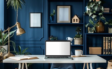 Poster - Modern home office setup with laptop, coffee mug, and plants in blue-themed interior