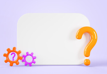 Poster - 3d whiteboard with question mark and gear icons. Concept of help and support service render background. Blank white board template, post banner with cogwheel mechanism and faq sign. 3D illustration