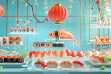 Poster - A display of sushi and other Asian food