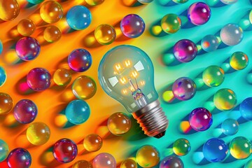 Wall Mural - A light bulb is surrounded by a pile of colorful balls