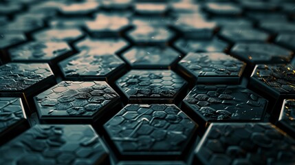 Poster - Futuristic 3D background with hexagonal grid and metallic textures, ideal for sci-fi themes!