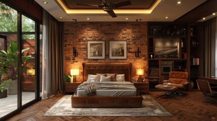 Sticker - Elegant Bedroom Design with Brick Wall Background