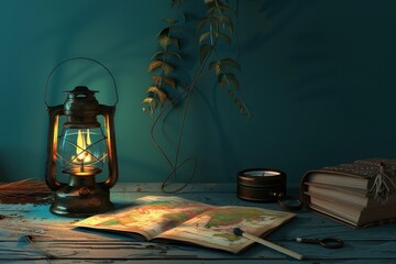 Aufkleber - A lantern sits on a table next to a map and a book