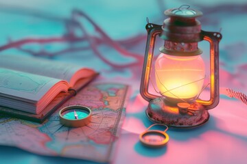 Aufkleber - A lantern sits on a table next to a map and a book