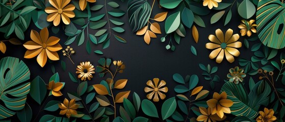 Canvas Print - green and gold floral pattern features a beautiful paper-style design on a dramatic black background