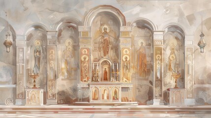 Iconostasis with Ornate Icons in Eastern Orthodox Tradition, Biblical Illustration, Beige Background, Copyspace