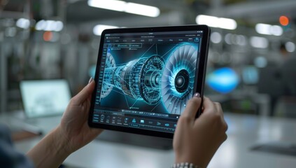 Poster - engineer holding tablet with 3d engine model in high-tech manufacturing facility