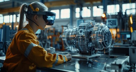 Poster - Engineer using augmented reality glasses in industrial setting for machine design and development