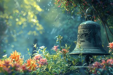 Wall Mural - A bell is sitting in a field of flowers