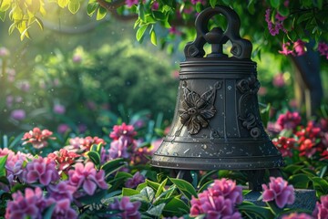 Wall Mural - A bell is sitting on a rock in a garden with flowers