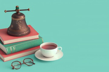 Aufkleber - A bell sits on top of a stack of books and a white cup of tea