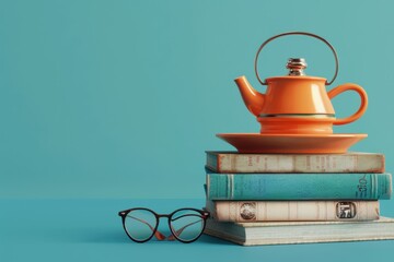 Aufkleber - stack of books with a teapot and a cup on top