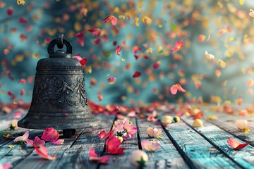 Wall Mural - A bell sits on a wooden table with colorful flowers scattered around it