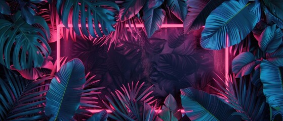 Wall Mural - Tropical leaves come alive against a bright neon light frame in a modern and edgy background design
