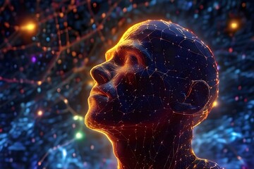 wireframe of a man in three dimensional render with night sky in background