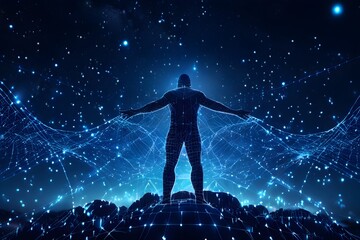 wireframe of a man in three dimensional render with night sky in background