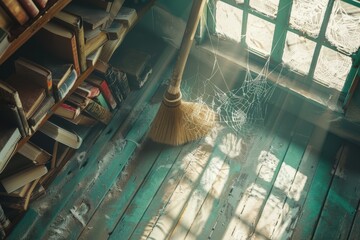 Aufkleber - A library with a spider web on the ceiling and a book on the floor