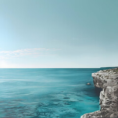 Wall Mural - A serene ocean view from a high vantage point, showcasing calm, turquoise waters extending to the horizon under a light blue sky. Rocky outcrops are visible near the bottom of the image.