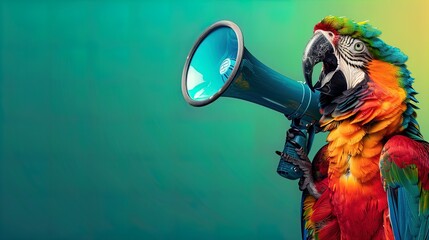 Wall Mural - Colorful parrot holding a megaphone on a green and blue background. Studio animal portrait. Communication and announcement concept. Design for poster, banner, greeting card, invitation. Close-up shot.