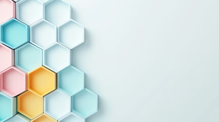 Wall Mural - symmetrical hexagonal shapes in pastel hues on a white background, minimalist and modern design, per