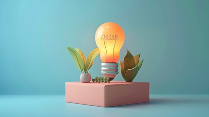 Wall Mural - creative 3d illustration of a light bulb surrounded by potted plants on a pink pedestal against a pa