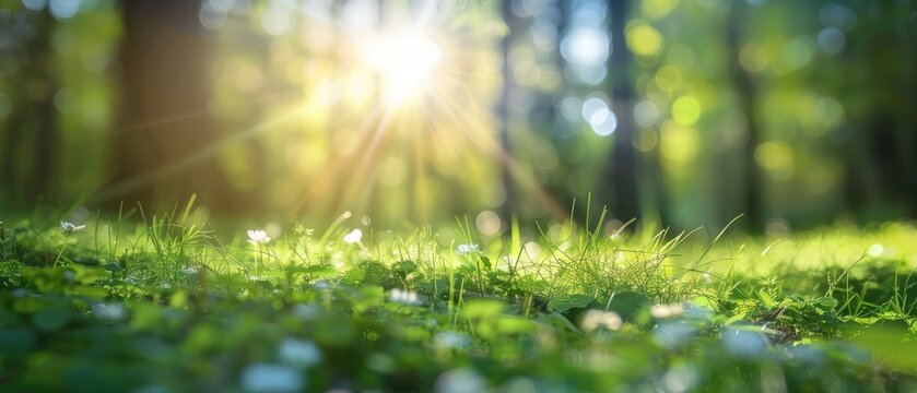 Defocused green trees in forest or park with wild grass and sun beams. Beautiful summer spring natural background