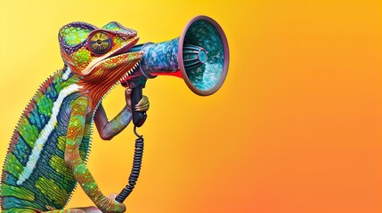 Wall Mural - Colorful chameleon holding a megaphone on a yellow background. Studio animal portrait. Communication and announcement concept. Design for poster, banner, greeting card, invitation. Close-up shot.