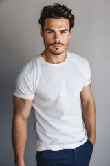 Wall Mural - Full body shot of a handsome young man wearing a white T-shirt and navy blue pants, in a minimalist style with a pure background and studio lighting, featuring a white color theme and clear details wi