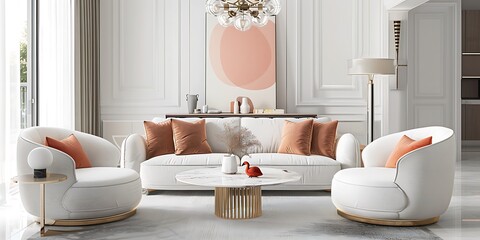 Modern style, white walls and ceilings, living room sofa with light gray fabric texture, two sofas, gold legs coffee table marble top, swan shaped chandelier