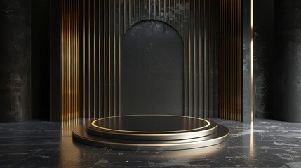 Poster - Modern dark background and empty gold cylinder stage,  Future modern interior and minimal concept, abstract background, golden podium, pedestal or platform