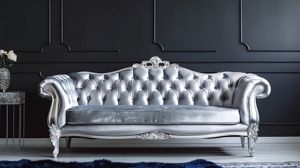 The silver sofa in the living room dark blue wall background very detailed and realistic shape