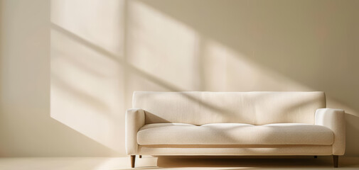 Poster - A light-filled living room with a beige boucle sofa, minimalist decor, and a blend of Japanese and Scandinavian aesthetics