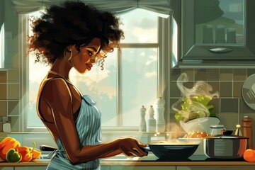 black woman african american  kitchen food girl cooking preparing breakfast  luch dinner happy, Generative AI