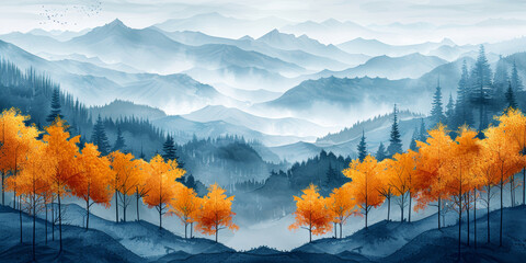 Wall Mural - A mountain range with trees and a blue sky