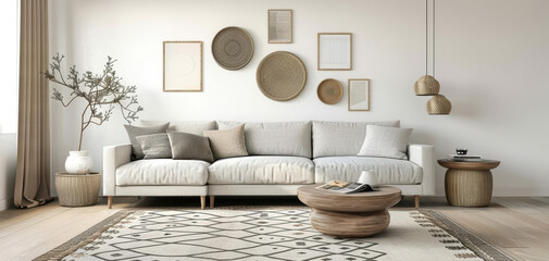 A spacious living room with a sectional sofa, a large rug, and a gallery wall, highlighting a blend of comfort and style