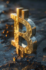 Wall Mural - Bitcoin Symbol: A shining gold Bitcoin symbol standing prominently against a dark, futuristic background, embodying the essence of digital gold