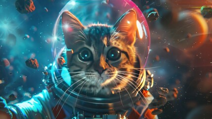  Adorable little cat wearing astronaut costume on outer space background