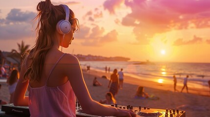 Young girl dj mixing outdoor during summer beach party at sunset time. copy space for text.