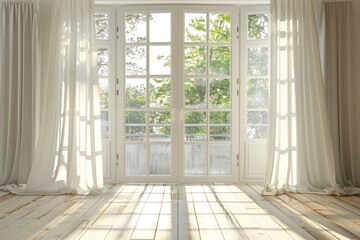 Wall Mural - Sunlit spacious empty room with large windows and sheer curtains