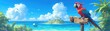 © Khritthithat - Jolly pirate parrot sitting on a wooden signpost, displaying a treasure map banner, with a treasure island in the distance, in a colorful and whimsical style, 3D Rendering
