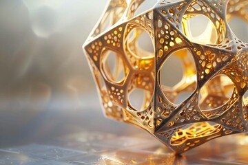 Poster - 3D rendering of an abstract icosahedron with intricate internal details in gold , generated by ai