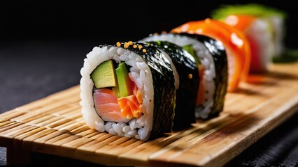Wall Mural - Elegant Bamboo Tray Sushi Roll Art, Featuring Fresh Fish and Vegetables