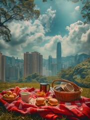 Wall Mural - Picnic setup with food and blanket