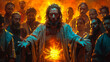 © PixelFusion Creation - Dramatic Spiritual Leader Emitting Light Surrounded By Followers
