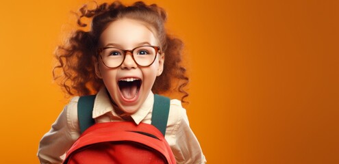 Wall Mural - Excited young girl with backpack and glasses
