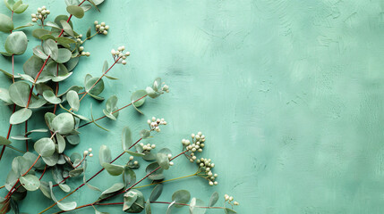 Wall Mural - Eucalyptus leaves and pink buds on a light green background with copy space for text, top view. A flat lay style in the minimalist concept of spring or summer nature.


