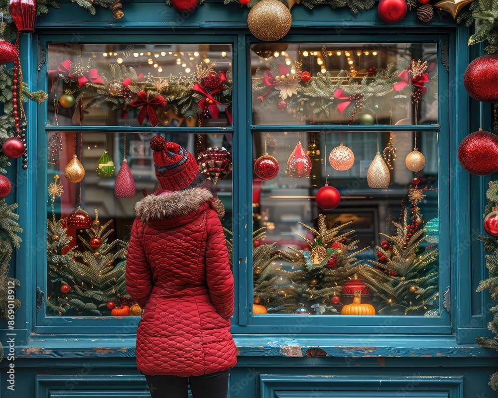 Shopkeeper decorating a storefront window with eye-catching displays ...