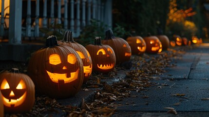 Wall Mural - a spooky halloween night with a row of carved pumpkins along a path, each one with a unique face, il