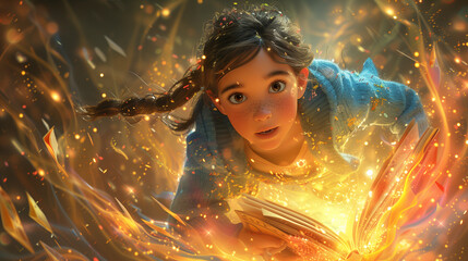 Wall Mural - Little girl floating in the universe reading a glowing book